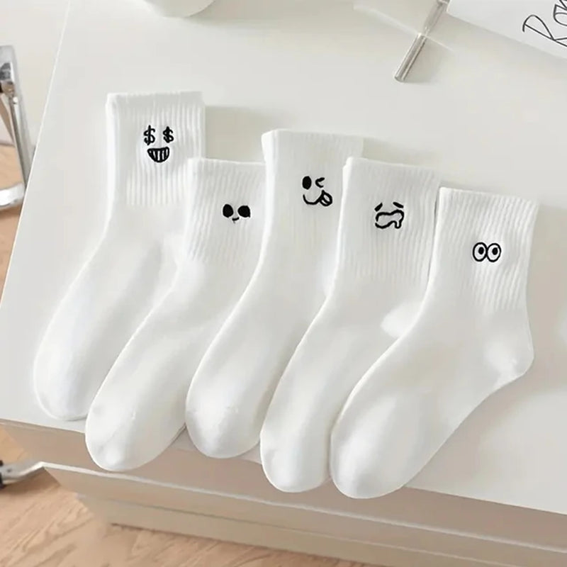 5 Pairs Women'S Cartoon Socks round Neck Mid Tube Fashionable Cute Expression Pattern Socks Casual Breathable Autumn Girls Socks-Gennys fashion