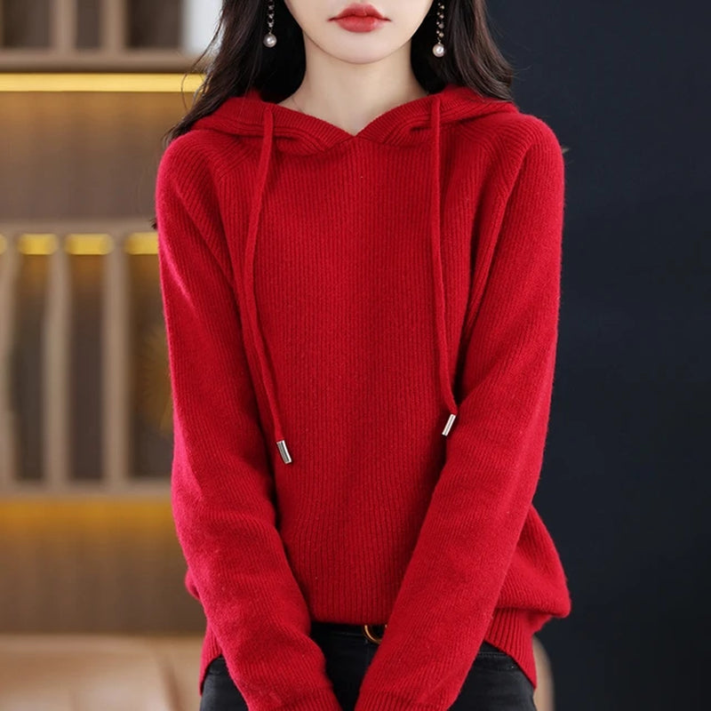 2023 New Cashmere Hooded Sweater Women Long Sleeve Autumn and Winter Knit Hooded Pullover Solid Color Cashmere Base-Gennys fashion