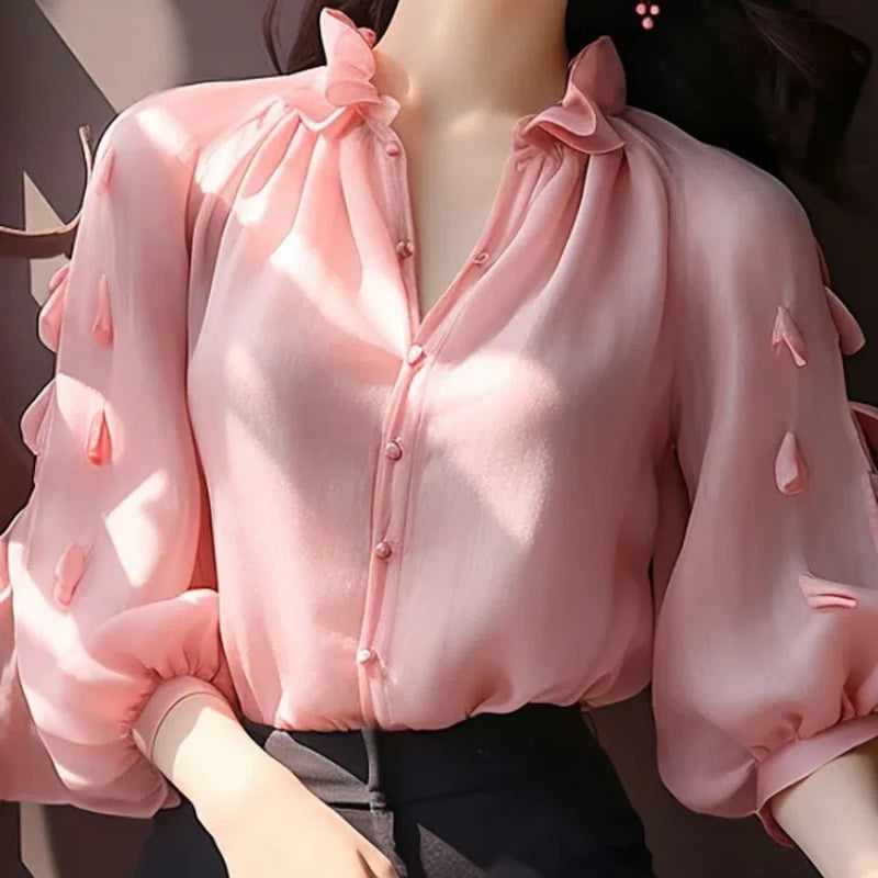 Spring Autumn New Fashion Solid V-Neck Long Sleeve Shirts Women'S Clothing Puff Sleeve Patchwork Cardigan Korean Thin Blouses-Gennys fashion
