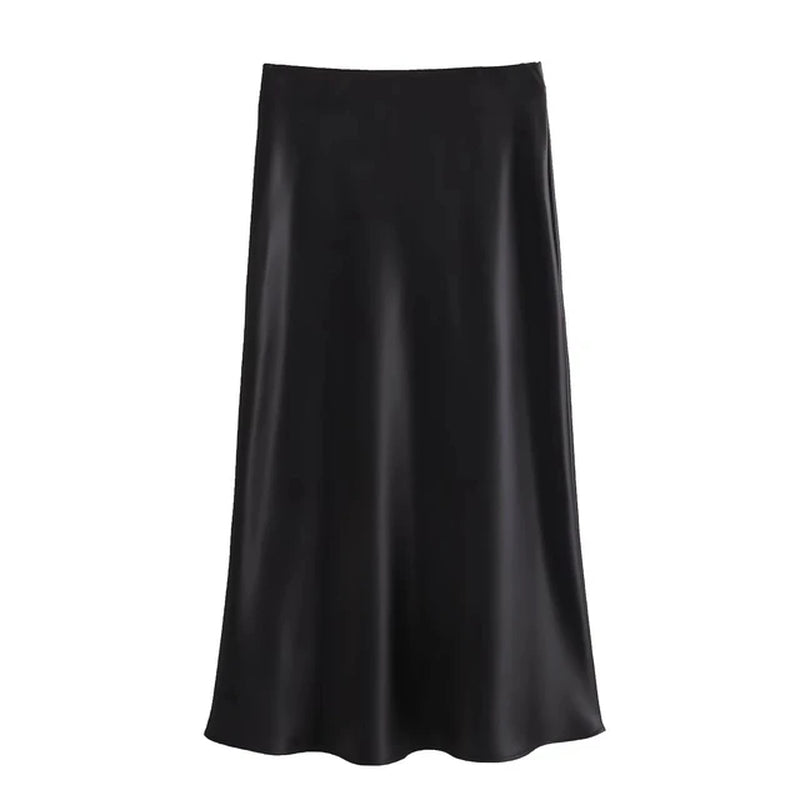 2024 Y2K Casual Women Long Skirt Spring Elastic High Waisted A-Line Casual Female Satin Skirts High Street Lady Skirts-Gennys fashion