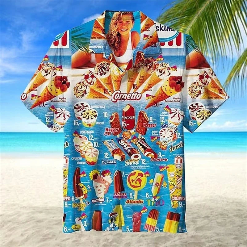 Small Size Girls 2024 Summer Ice Cream Graphic Shirts for Men Cold Popsicle Women Lapel Blouse Frozen Ice Lolly Beach Shirt Tops-Gennys fashion