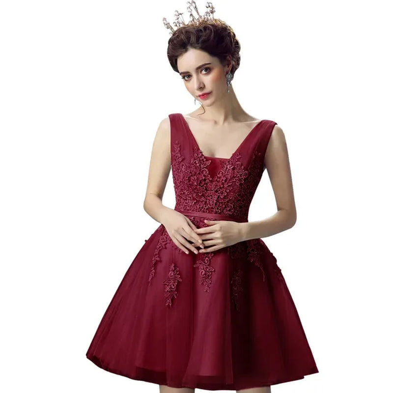 Silver Tulle Short Prom Dress Sexy Women V Neck Sleeveless Lace Applique a Line Backless Evening Party Dresses Cocktail Gown-Gennys fashion