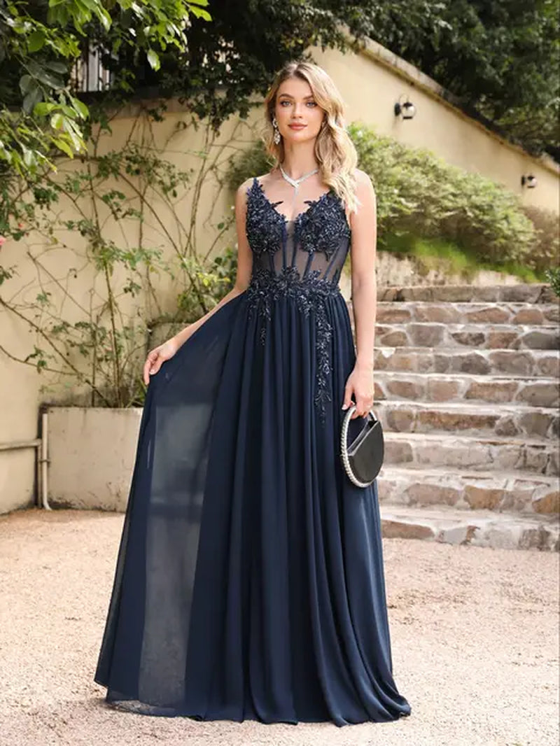 Elegant Dusty Pink Prom Dresses 2024 V Neck Beaded Appliques Illusion Spaghetti Strap Evening Gowns Formal Party Vestido De Gala-Gennys fashion