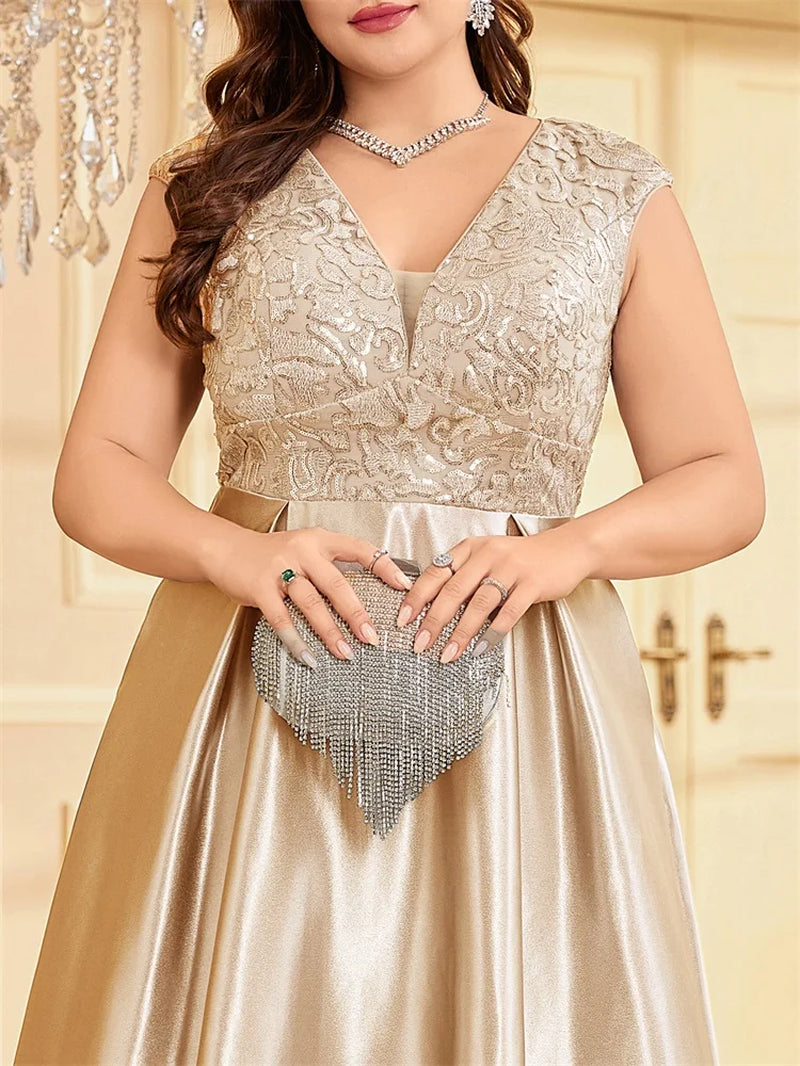 Lucyinlove plus Size Luxury Gold Satin V-Neck Evening Dress Women Satin Wedding Party Prom Floor Lenght Cocktail Dress Gowns-Gennys fashion
