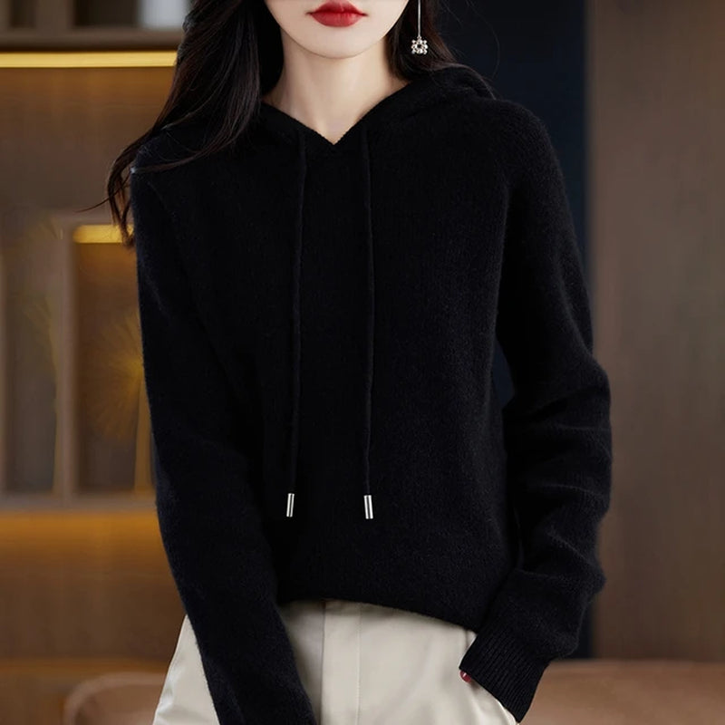 2023 New Cashmere Hooded Sweater Women Long Sleeve Autumn and Winter Knit Hooded Pullover Solid Color Cashmere Base-Gennys fashion