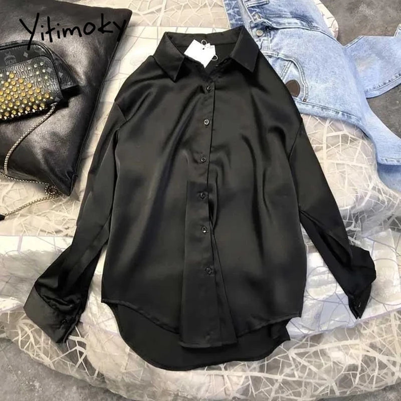 SATIN Long Sleeve Blouse Button up Shirt Women Female Elegant Ladies Tops High Quality Office Lady Silk-Gennys fashion
