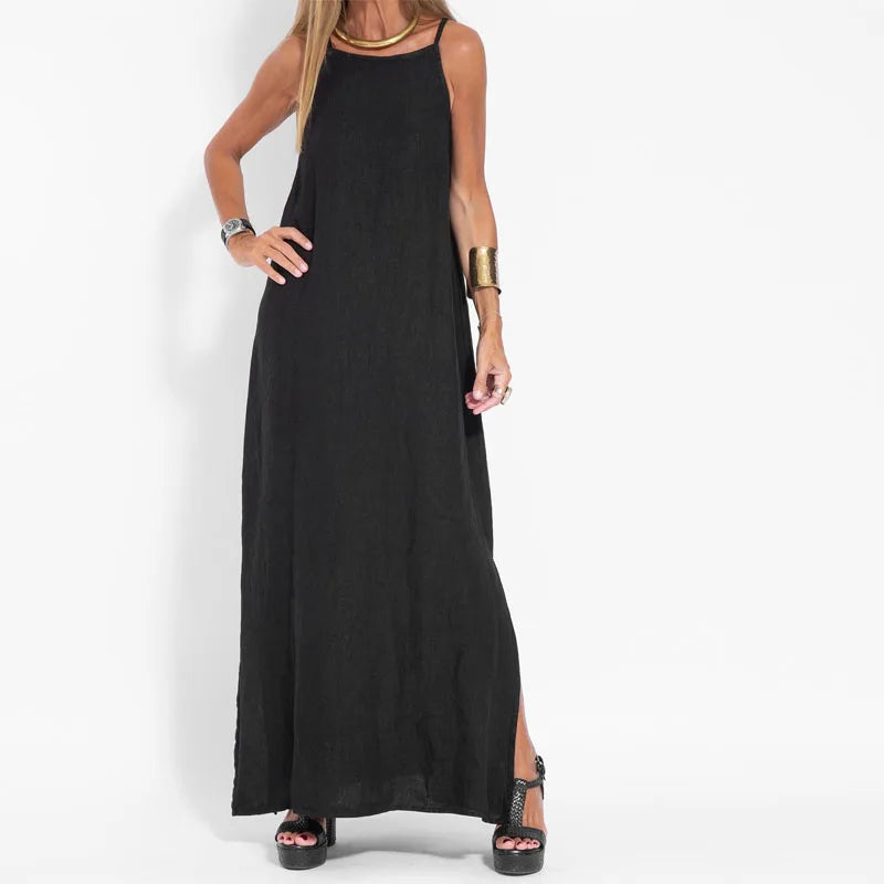 Sexy Split Halter Dress Floor-Length Dress Ladies Cotton Linen Breathable Casual Beach Halter Dress Long Dress Party Club Dress-Gennys fashion