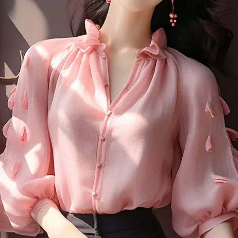Spring Autumn New Fashion Solid V-Neck Long Sleeve Shirts Women'S Clothing Puff Sleeve Patchwork Cardigan Korean Thin Blouses-Gennys fashion