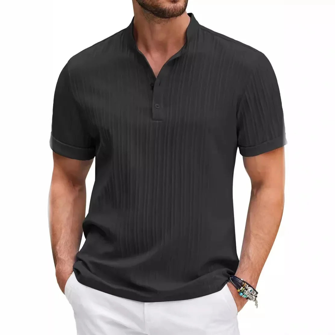 New High-End Embroidered Cotton and Linen Striped Henry Shirt for Men'S Summer Casual Fashion Comfortable Breathable T-Shirt Top-Gennys fashion
