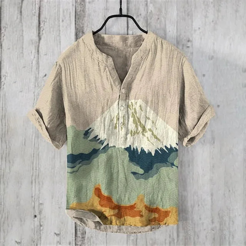 Men'S Retro Hawaiian Art Print Wave Series 3D Digital Printing Casual Loose Short Sleeve Three-Breasted Shirt Linen 100%-Gennys fashion