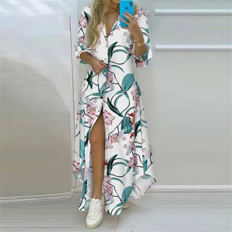 2024 Summer Women Boho Printed Long Shirts Elegant Dress Turn-Down Collar Long Sleeve Female Casual Evening Maxi Dresses Party D-Gennys fashion