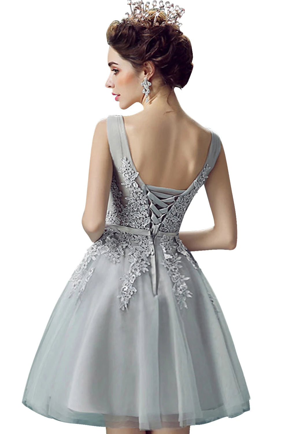 Silver Tulle Short Prom Dress Sexy Women V Neck Sleeveless Lace Applique a Line Backless Evening Party Dresses Cocktail Gown-Gennys fashion