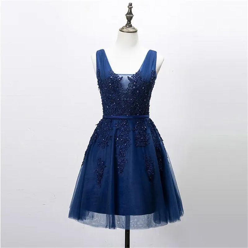 Silver Tulle Short Prom Dress Sexy Women V Neck Sleeveless Lace Applique a Line Backless Evening Party Dresses Cocktail Gown-Gennys fashion