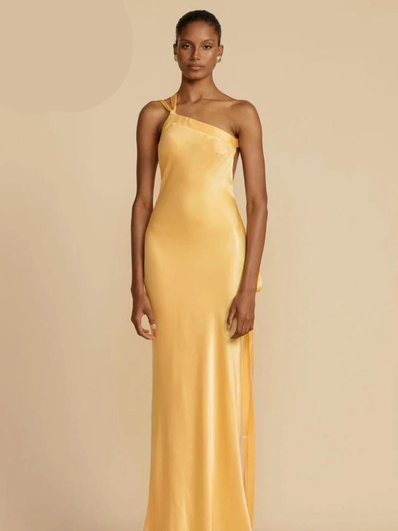 Silk Elegant Maxi Dress Women Stunning Incline Shoulder Backless Sleeveless High Street Robe Concise Girls Evening Vestido-Gennys fashion