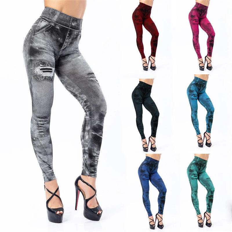 2024 Sexy Astic Imitation Jeans Leggings Women Stretch High Waist Pants Fitness Slim Push up Leggings for Women Summer Breeches-Gennys fashion