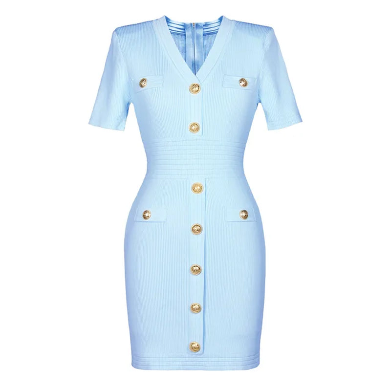 Elegant V Neck Knitting Sweater Dresses for Women Summer 2024 Short Sleeve Slim Fit Sheath Mini Party Dress Elegant Vestido-Gennys fashion