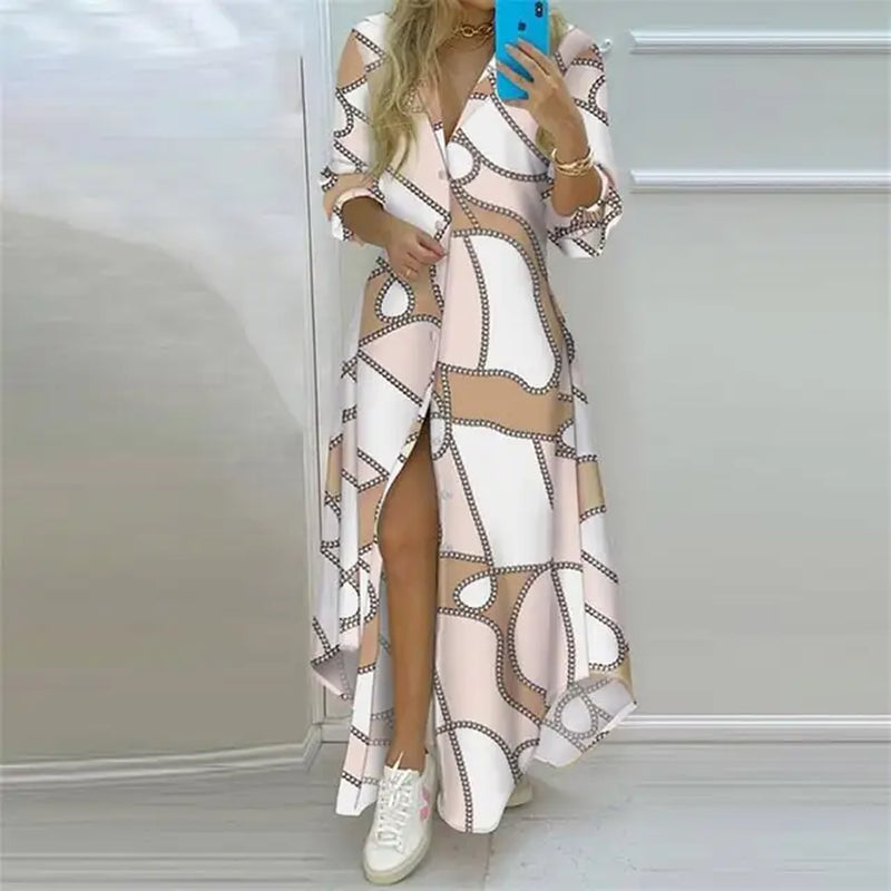 2024 Summer Women Boho Printed Long Shirts Elegant Dress Turn-Down Collar Long Sleeve Female Casual Evening Maxi Dresses Party D-Gennys fashion
