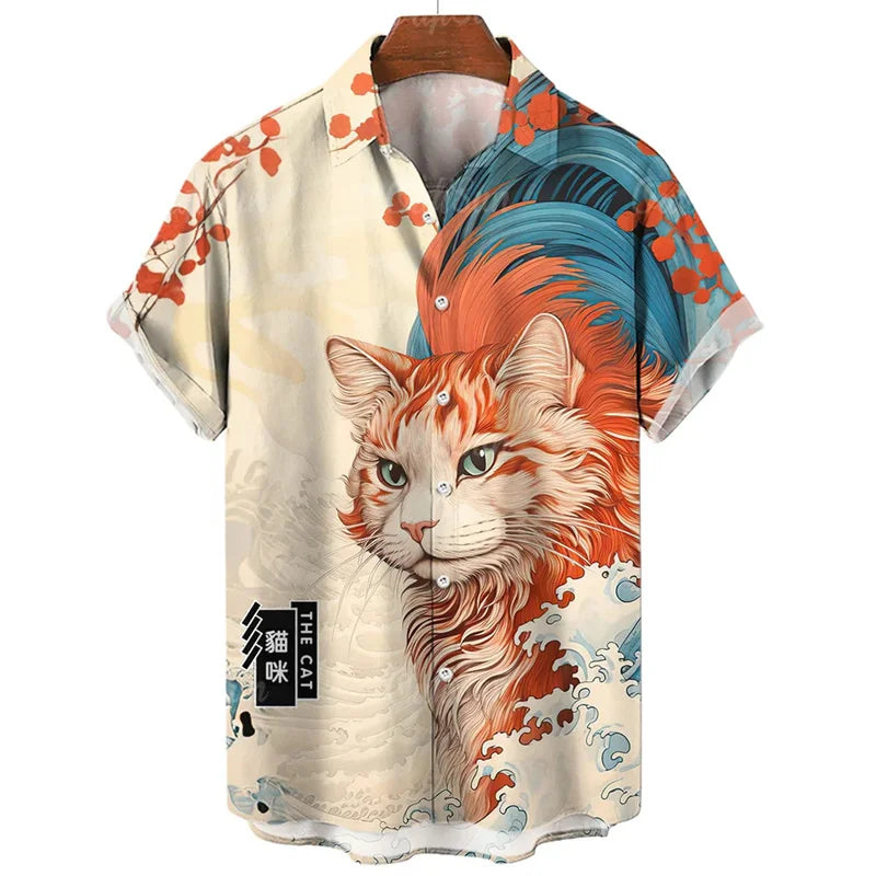 Fashion Hawaiian Shirt 3D Animal Cat Printed Short Sleeves Summer Beach Floral Lapel Shirts Men Streetwear Tops Blouse Clothes-Gennys fashion