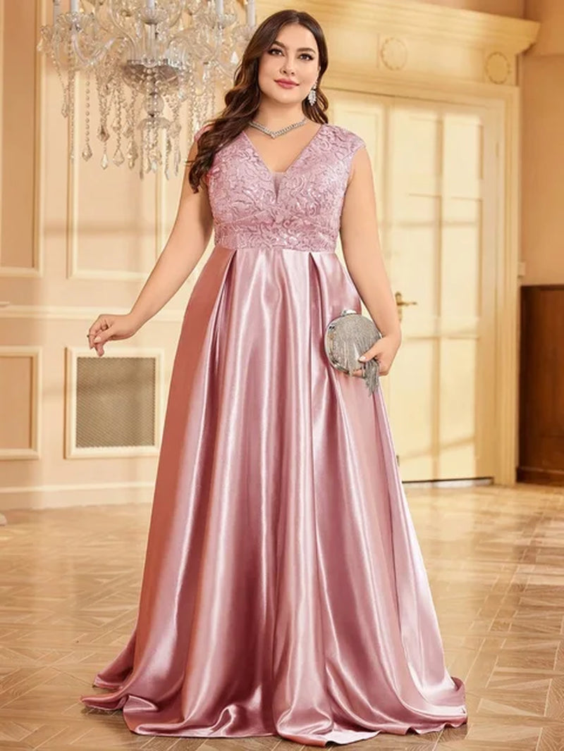 Lucyinlove plus Size Luxury Gold Satin V-Neck Evening Dress Women Satin Wedding Party Prom Floor Lenght Cocktail Dress Gowns-Gennys fashion
