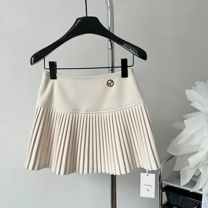 Women'S Woolen Pleated Short Skirt Autumn Winter American Korea Style Cheerleading Girl Straight A-Line High Waist Mini Skirt-Gennys fashion