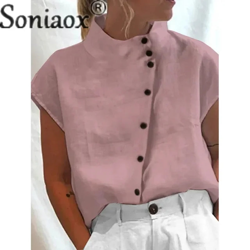 Elegant Cotton Linen Stand Neck Shirt Female 2023 Summer Simple Style Single-Breasted Cardigan Tops Women'S Casual Loose Blouse-Gennys fashion