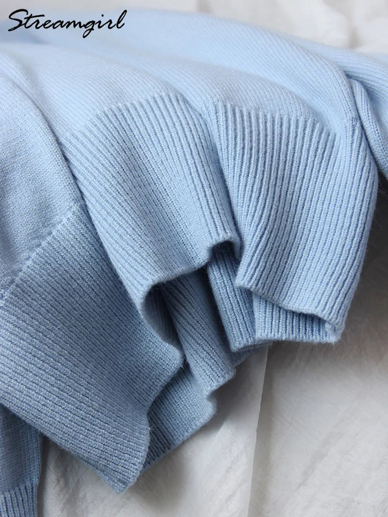 Basic Sweaters for Women Oversize O Neck Knitted Pullovers Autumn Winter Loose Tops Women'S Jumper Light Blue Sweaters Oversized-Gennys fashion