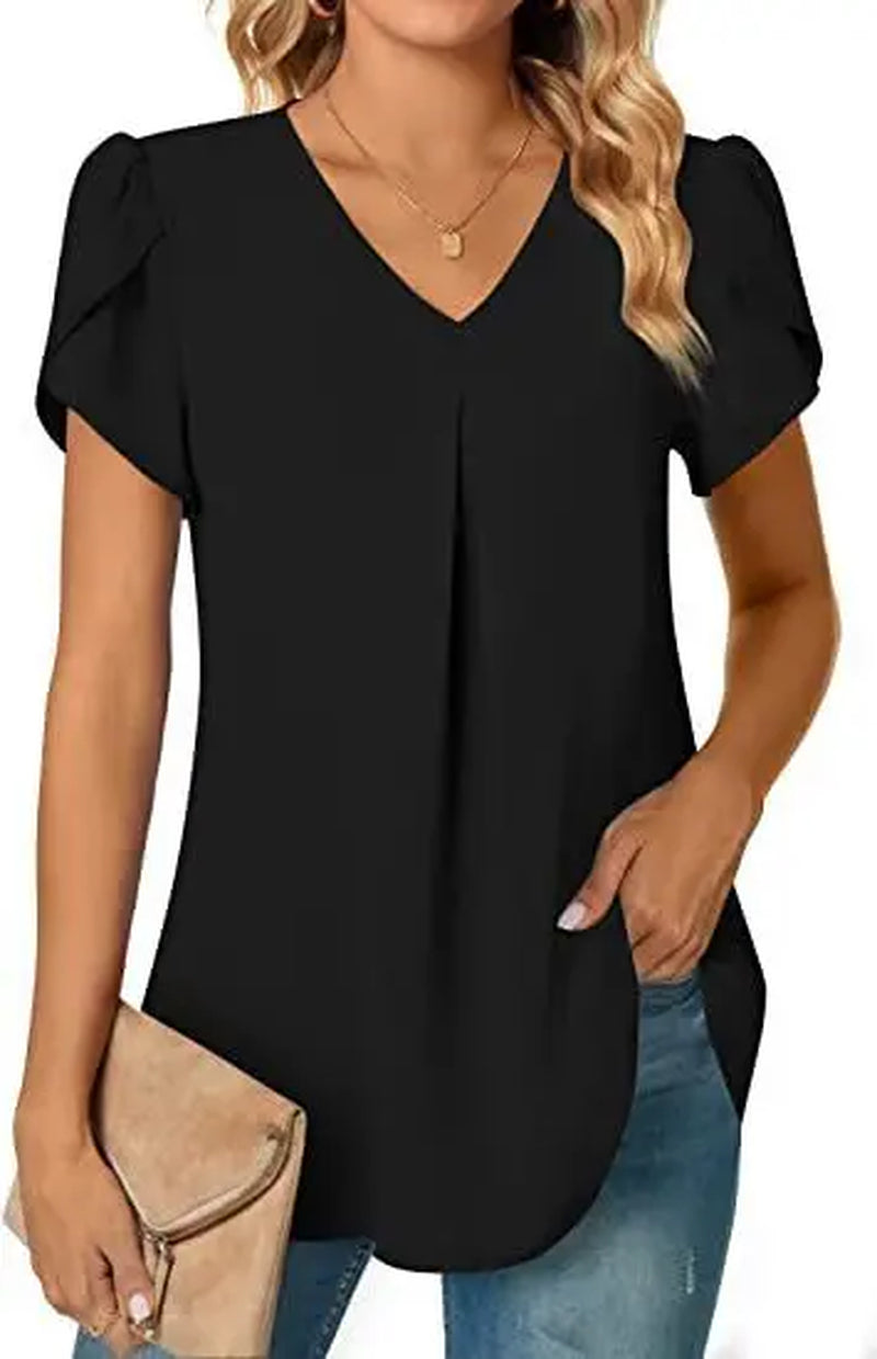 Sexy V Neck Ruffle Short Sleeve Blouse Shirts Summer Women V Neck Solid Color Loose OL Workout Blouse Tops SZE-ST23015-Gennys fashion