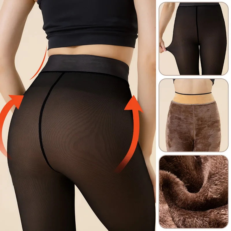 Winter Warm Leggings Pantyhose Women Fleece Socks High Waist Thermal Stocking Insulated Pants Fake Translucent Leggings Tights-Gennys fashion