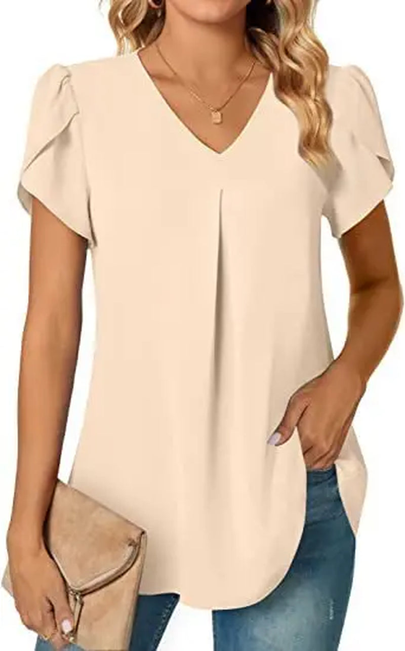 Sexy V Neck Ruffle Short Sleeve Blouse Shirts Summer Women V Neck Solid Color Loose OL Workout Blouse Tops SZE-ST23015-Gennys fashion