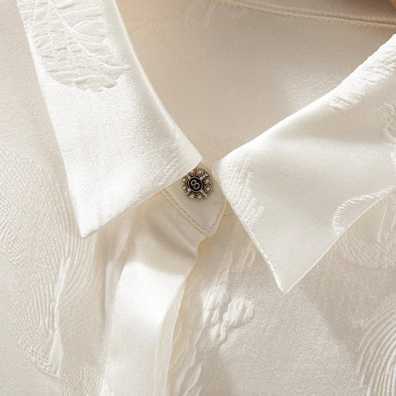 2024 Women'S Fashion Spring/Summer New 93%Natural Silk Square Neck Long Sleeved Crowne Crepe Embossed Jacquard Splendid Shirt-Gennys fashion