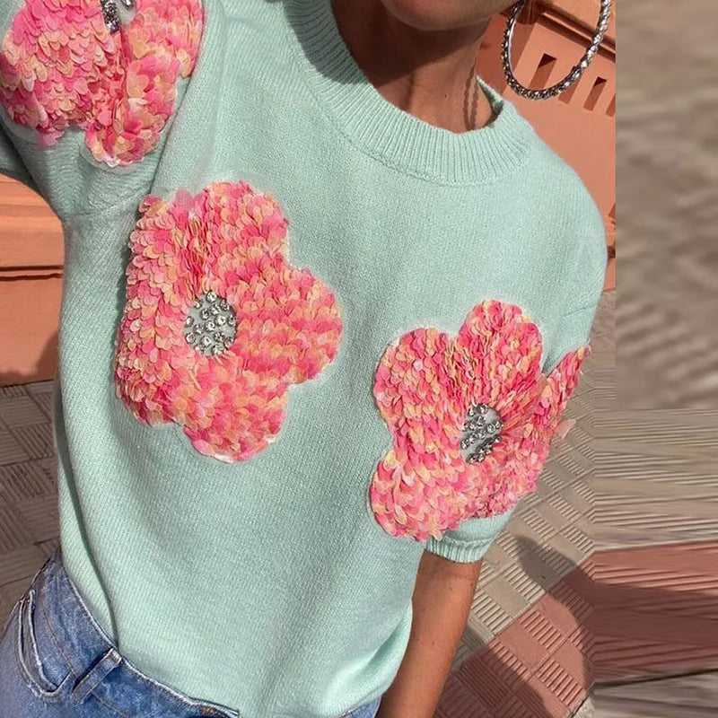 Spring Chic Appliques Flower Knitted Sweater Women Elegant round Neck Office T-Shirt Pullover Fall Sexy Short Sleeve Tops Jumper-Gennys fashion