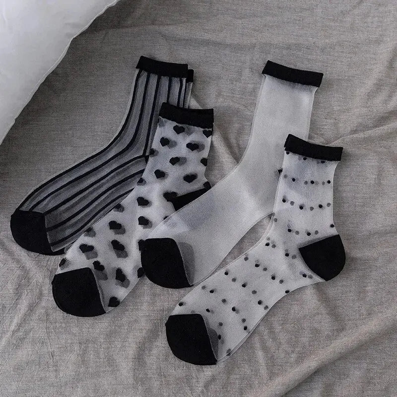 4Pairs Transparent Glass Silk Stockings Children Socks Retro Polka-Dot Love Vertical Bar Spring and Summer Thin Card Silk Japane-Gennys fashion