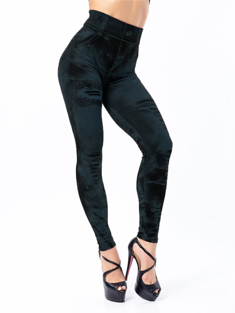 2024 Sexy Astic Imitation Jeans Leggings Women Stretch High Waist Pants Fitness Slim Push up Leggings for Women Summer Breeches-Gennys fashion