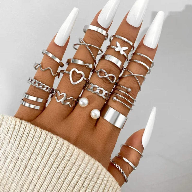 53 Pcs Boho Vintage Jewelry Sets for Women Elegant Silver Color Pearl Zircon Geometric Earring Ring Necklace Bracelet Daily Wear-Gennys fashion
