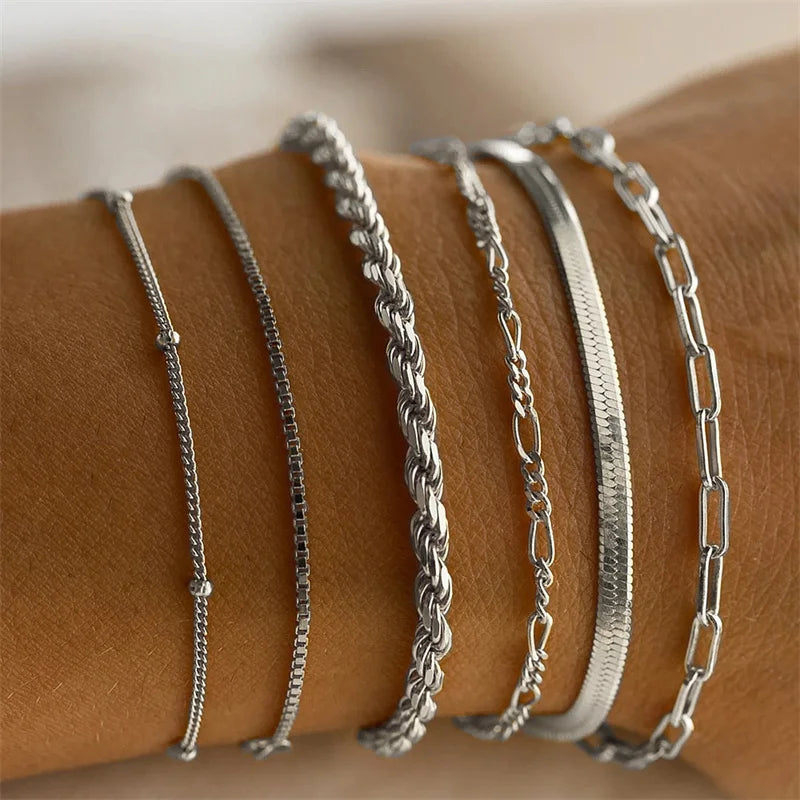 6Pcs Gold Color Bracelet Set Boho Retro Thick Twist Cuban Chain Bracelet for Women 2023 Trendy Quality Jewelry Gifts-Gennys fashion