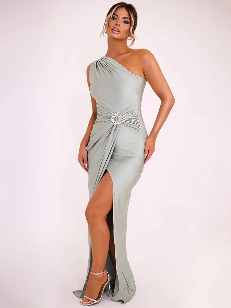 Shiny Brooch Inclined Shoulder Sexy Maxi Dress for Women Fashion Sleeveless Backless Elegant Split Long Dress New-Gennys fashion