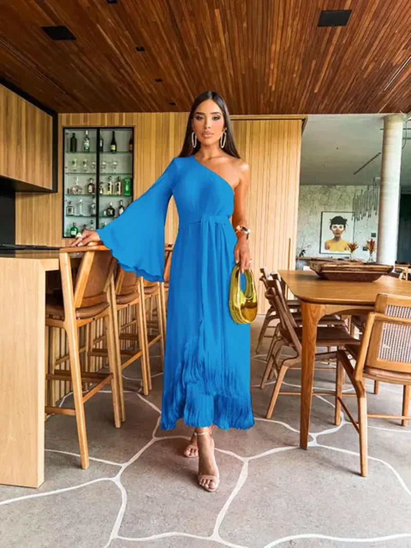 2024 New Solid Women'S One-Shoulder Sexy Lady Long Skirt Slit Ruffled Tassel Swing Evening Dress-Gennys fashion