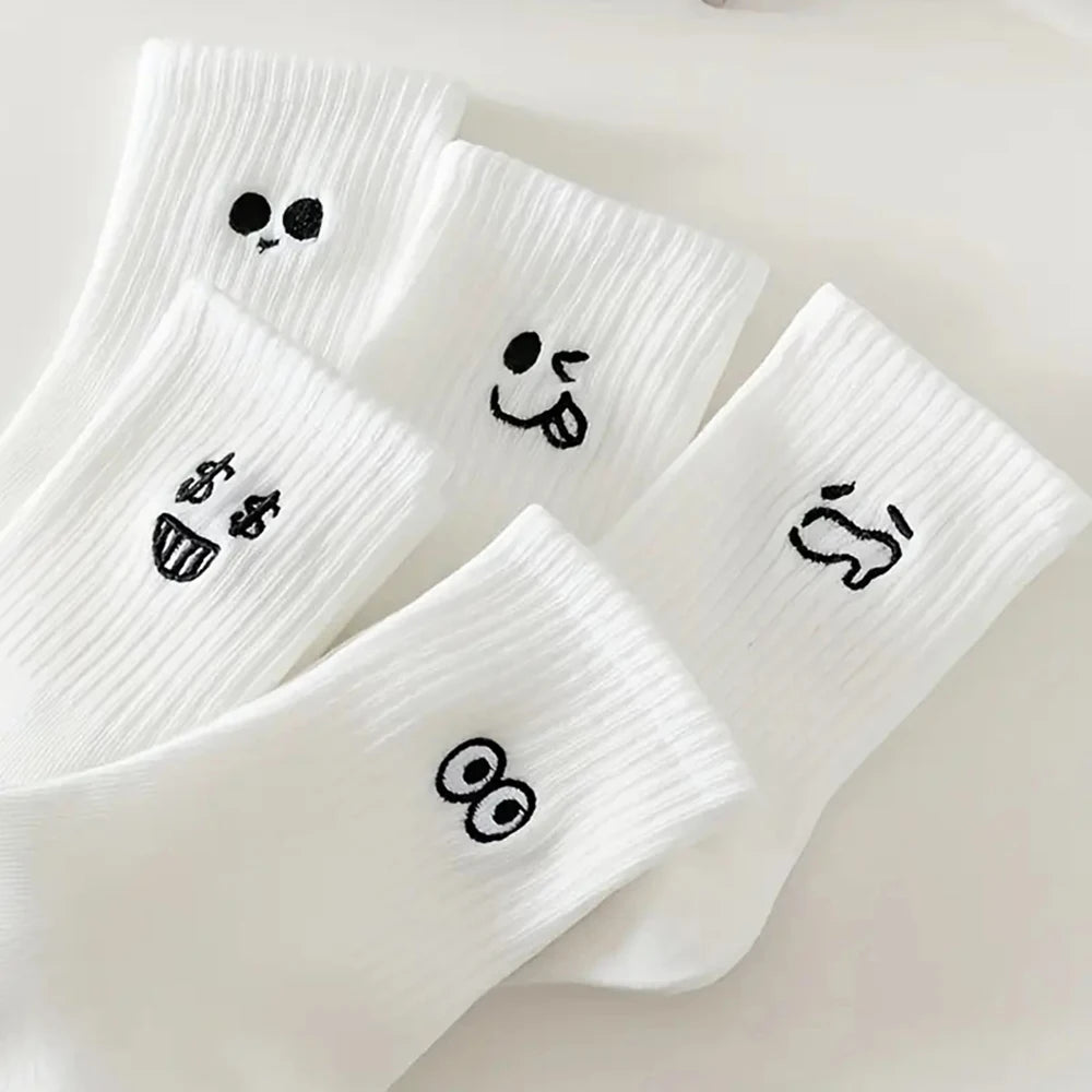 5 Pairs Women'S Cartoon Socks round Neck Mid Tube Fashionable Cute Expression Pattern Socks Casual Breathable Autumn Girls Socks-Gennys fashion