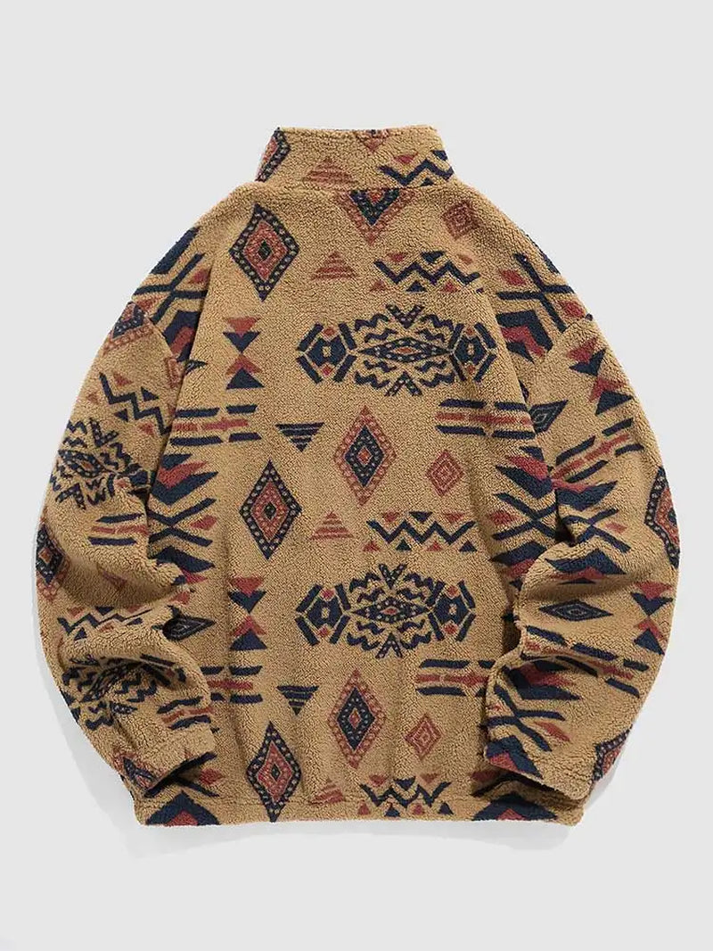 Men'S Turtleneck Hoodie Fuzzy Faux Sherpa Zipper Sweatshirts Ethnic Printed Fluffy Streetwear Pullover Hoodies Z5051921-Gennys fashion