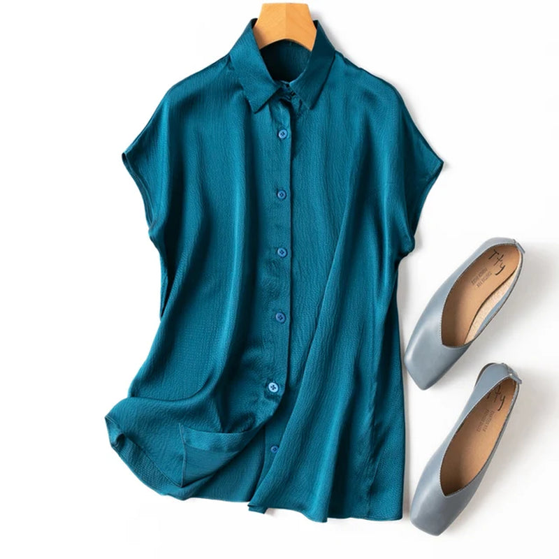Women 100% Mulberry Silk 20 Momme Heavy Silk Peacock Blue Collared Short Sleeve Buttons down Shirt Top Blouse Office Work MM567-Gennys fashion