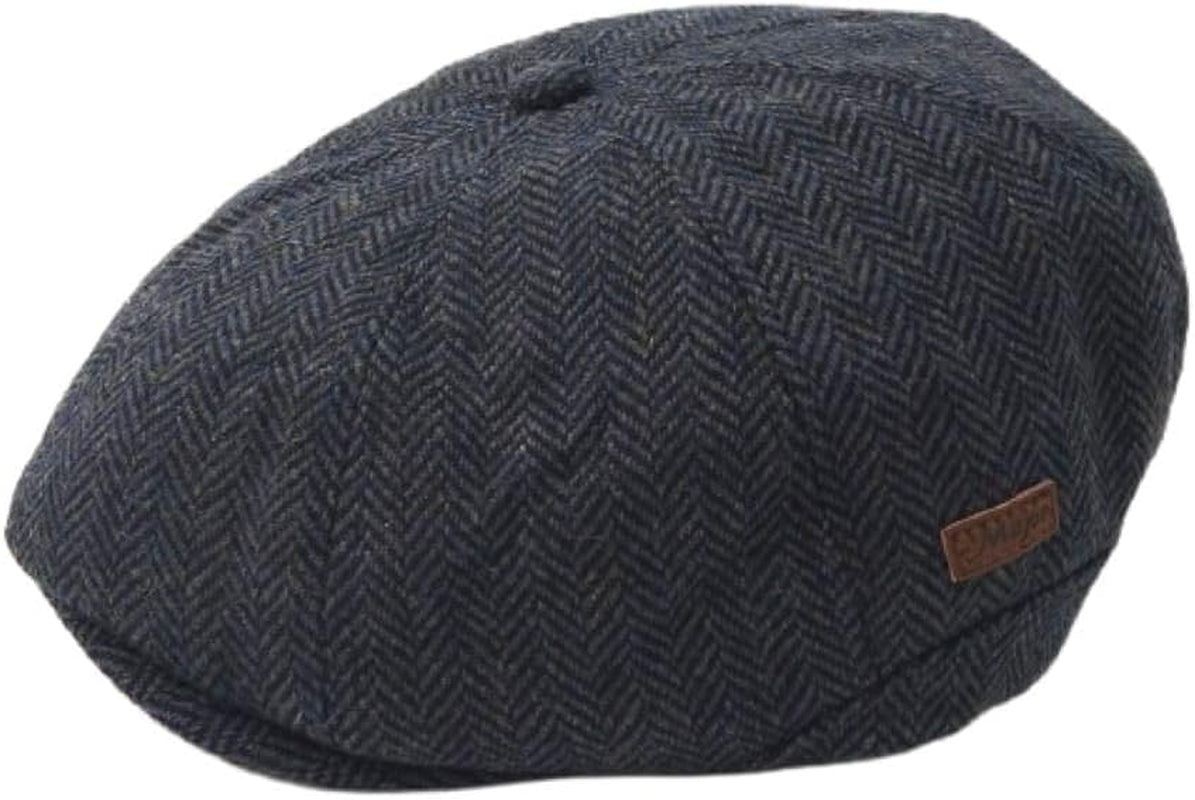 Navy Blue Herringbone Newsboy Cap Men'S Baker Boy Hat Style 8 Panel Scally Lined Wool Blend