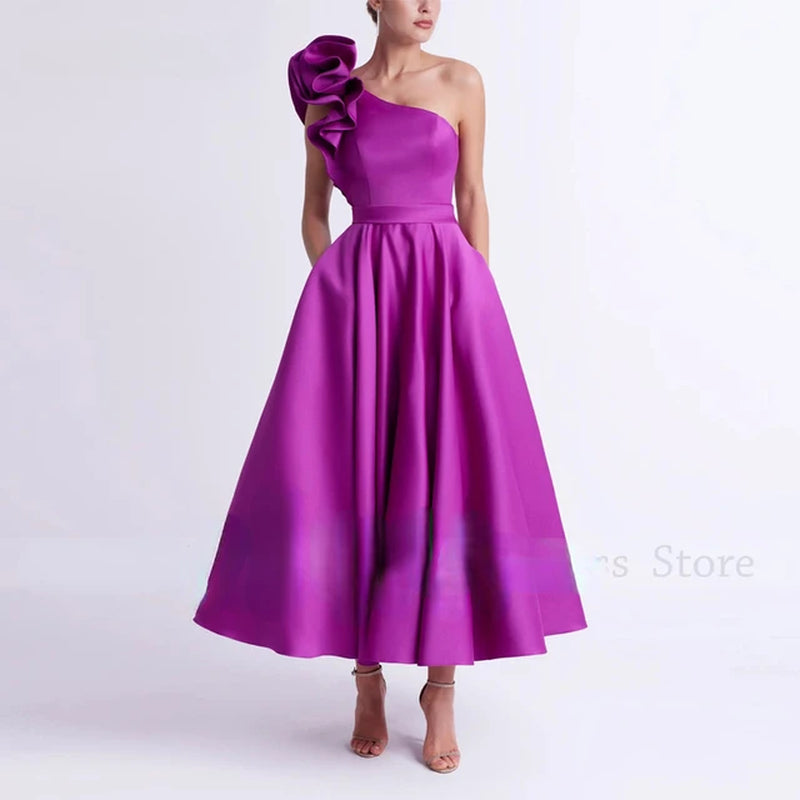 Elegant Short Satin Evening Dresses 2024 One-Shoulder Tea Length Prom Vestidos Wedding Party Dresses with Pockets Vestidos Noche-Gennys fashion
