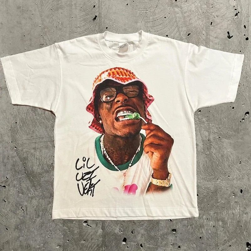 Fashion Brand Y2K Retro Summer Men Short Sleeved round Neck Portrait Print Harajuku Hip-Hop Personalized Couple Top-Gennys fashion