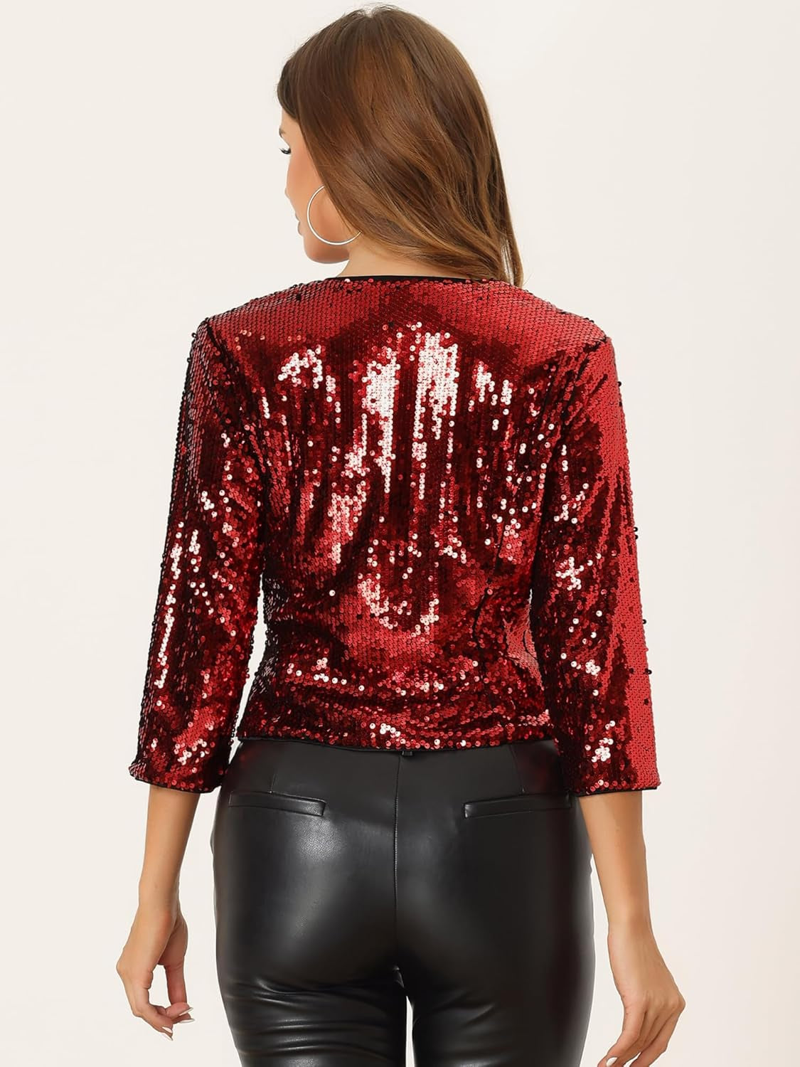 Women'S Sequin Shrug 3/4 Sleeve Open Front Party Glitter Sparkly Short Blazer Jackets-Gennys fashion