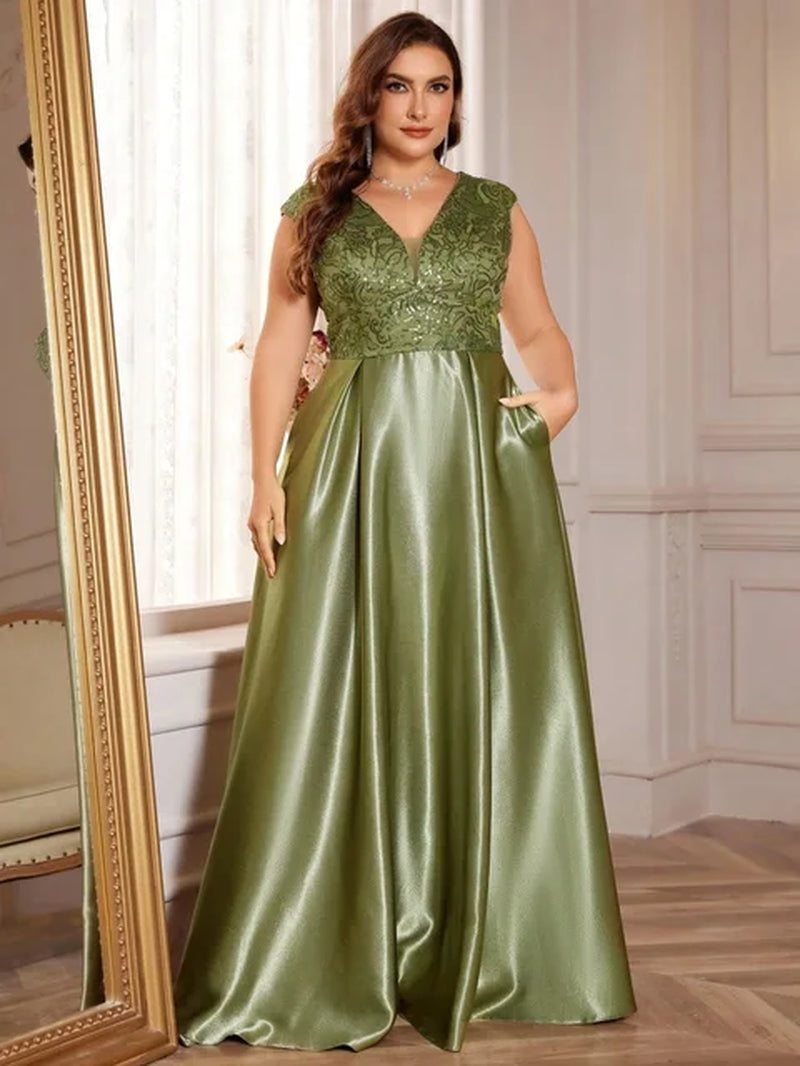 Lucyinlove plus Size Luxury Gold Satin V-Neck Evening Dress Women Satin Wedding Party Prom Floor Lenght Cocktail Dress Gowns-Gennys fashion