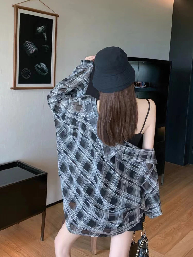 Blouses Women Plaid Chic Daily Outwear Loose Vacation Elegant Simple Long Sleeve Shirts Ladies Korean Summer Sun-Proof Shirt-Gennys fashion