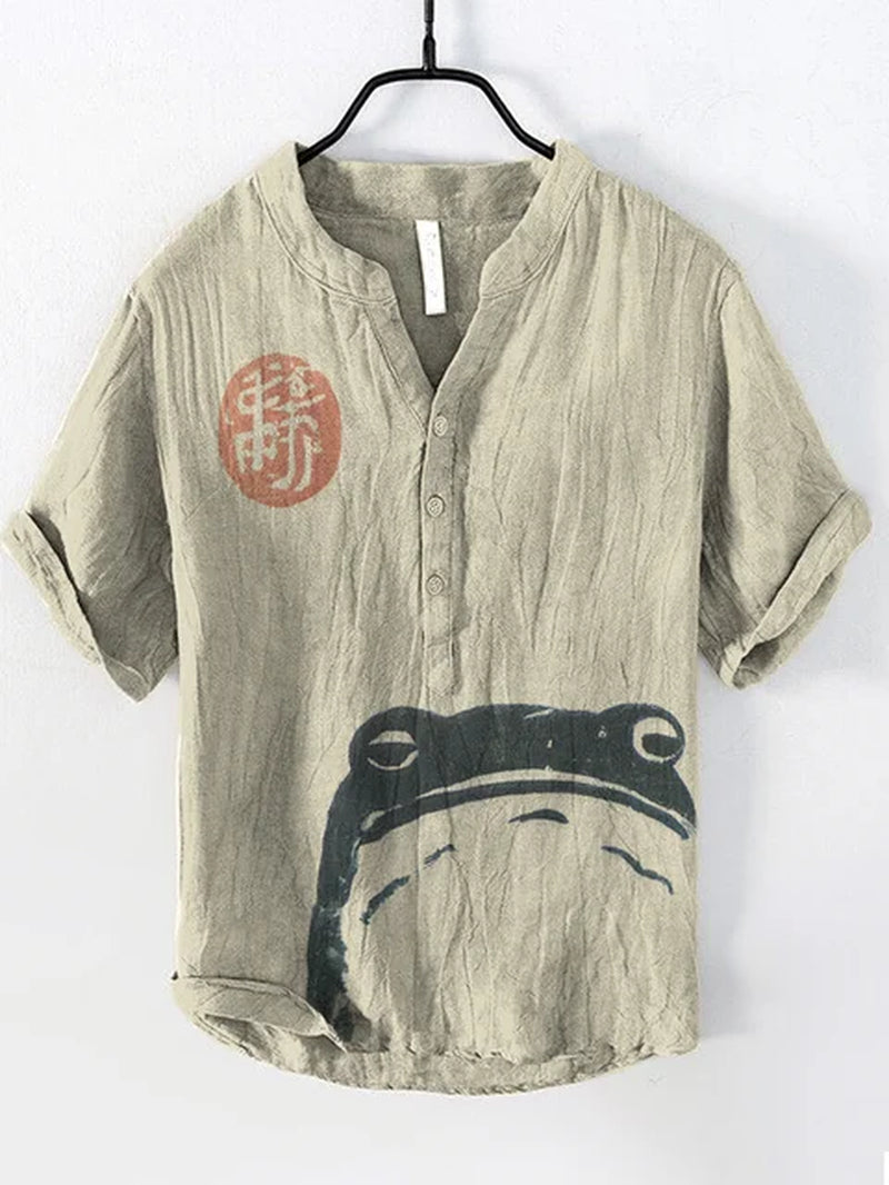 Summer Fashion Men'S Small V-Neck Japanese Art Frog Print Lapel Shirt Men'S Casual Art Short Sleeve Shirt-Gennys fashion