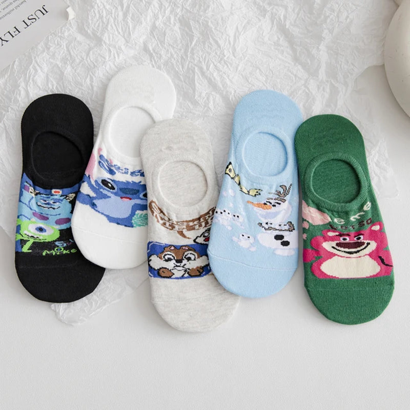 5 Pairs Cotton Woman Sock Mickey Minnie Winnie Daisy Cartoon Girl Slipper Sock Funny Cute Non-Slip Silicone Invisible Ankle Sock-Gennys fashion