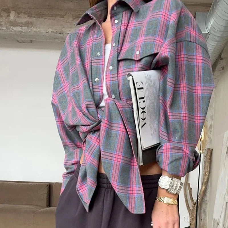 Women Vintage Long Sleeve Shirt Oversized Plaid Shirt Autumn Winter Fashion Loose Lapel Pocket Shirt Fit Blouse Korean Style-Gennys fashion