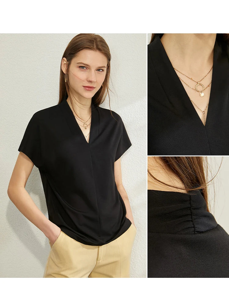 Minimalism 2023 Summer Women'S T-Shirt Classic Style Casual V-Neck Short Sleeve Solid Stretch Female Tops & Tees 12312013-Gennys fashion